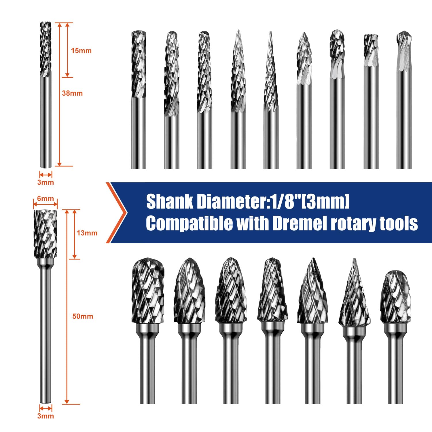 20Pcs Carbide Burr Bits Set Compatible with Dremel Milwaukee 1/8", Rotary Tool Bits with Double-Cut Design, Die Grinder Bits Accessories for Metal Wood Stone Steel Plastic Carving Cutting Grinding
