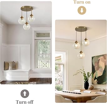 KCO Lighting 3 Light Globe Chandelier Bushed Gold Cluster Pendant Light 7 Amber Glass Pendant Light Large Kitchen Island Pendant Lighting