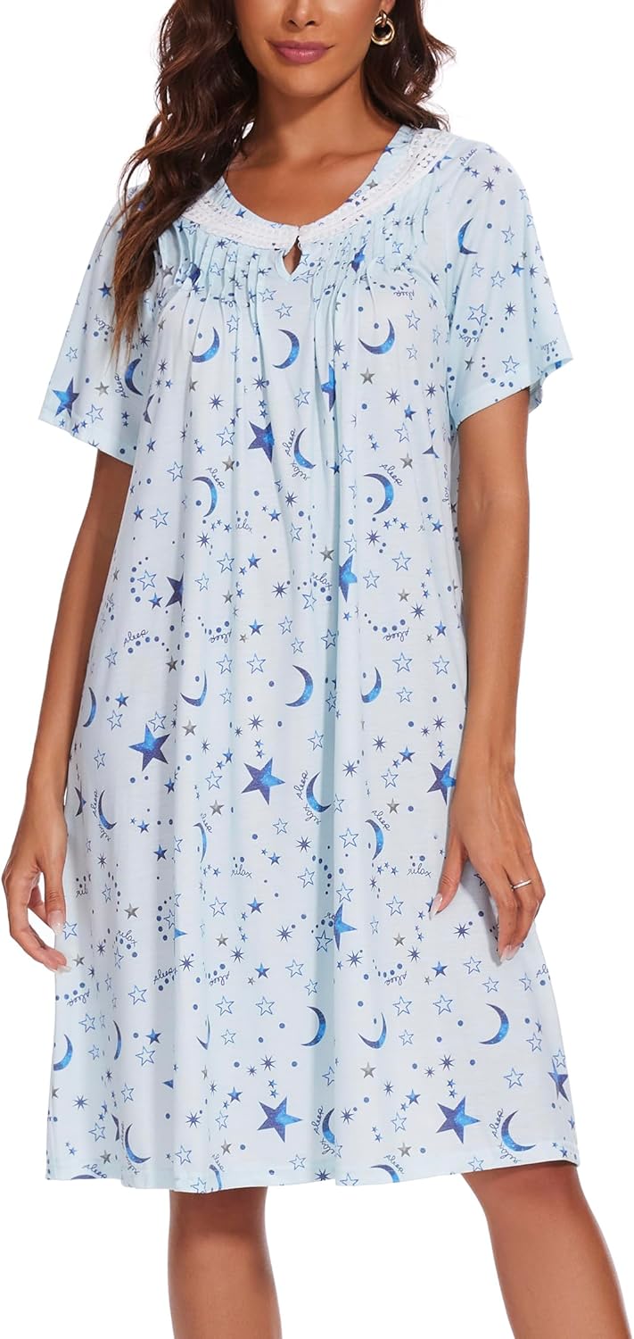 COSUNIONY Cotton Nightgowns for Women Soft Sleep Dress Ladies Short Sleeve Sleepwear with Pockets