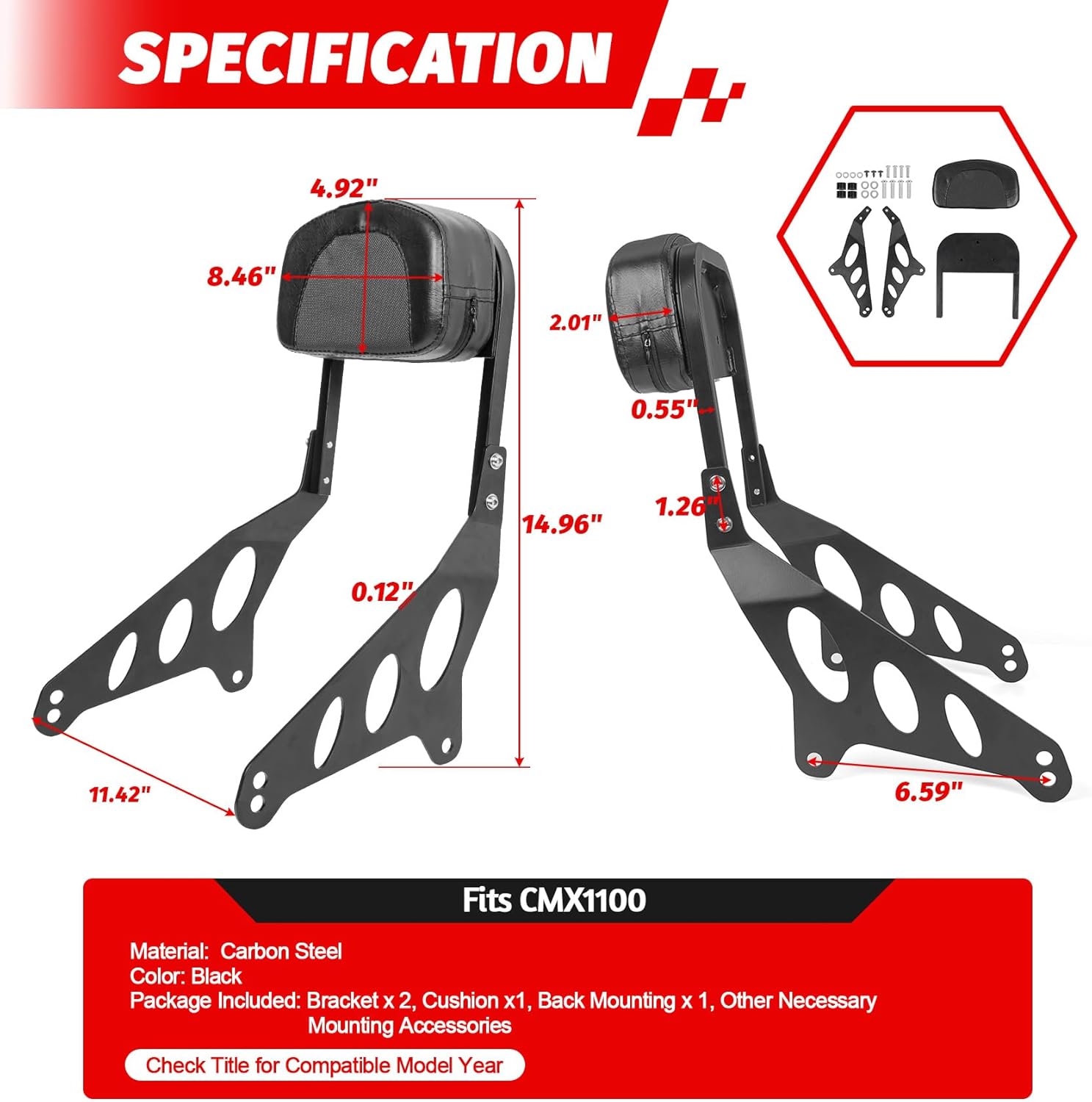 Motorcycle Backrest Sissy Bar for Rebel 1100 CMX1100 2021 2022 2023 2024 2025 2026 Detachable Quick Driver Passenger Rear Rest