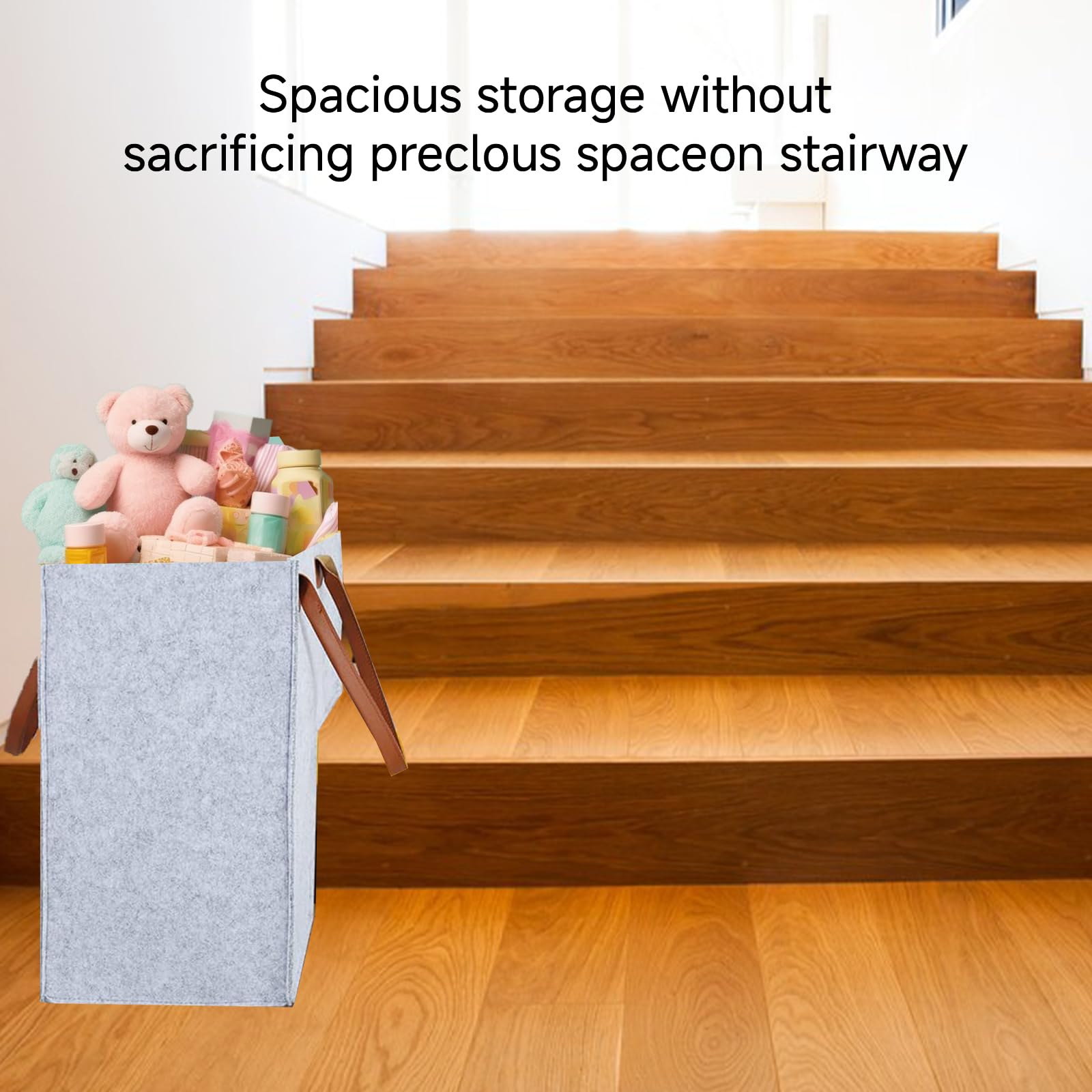Cesta para escaleras, cesta de fieltro para escalones, organizador de escaleras en forma de L, cesta para escaleras con asas, cesta plegable para escalones, elegante almacenamiento con práctico mango