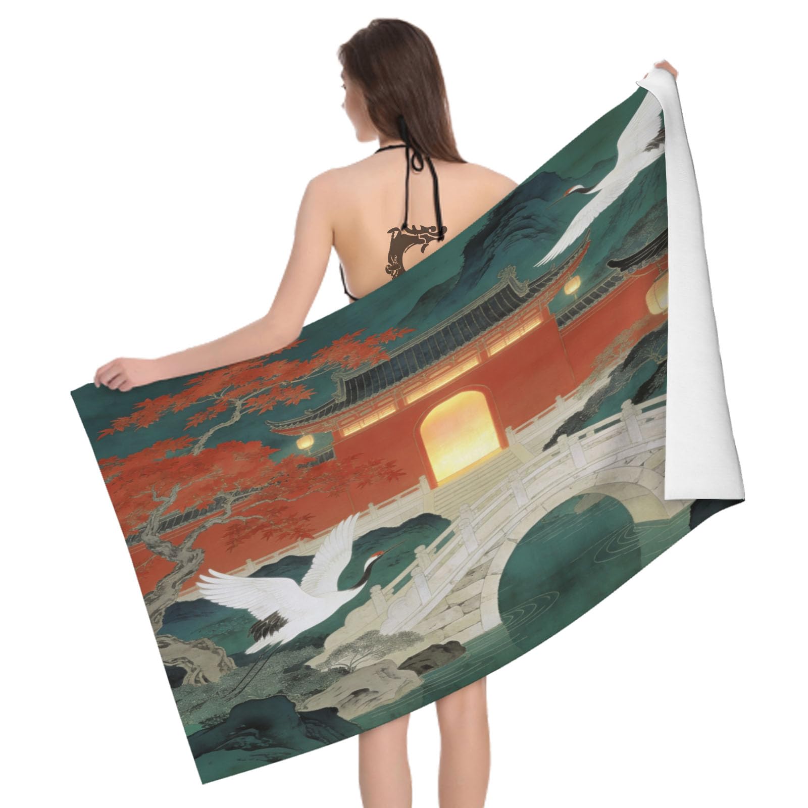 Leichong 3D Chinese Garden Beach Towel Large Microfiber Soft Quick Dry for Adults, Crane Bath Towel Lightweight Soft Absorbent for Travel Swimming Pool Sports, 80 x 160 cm