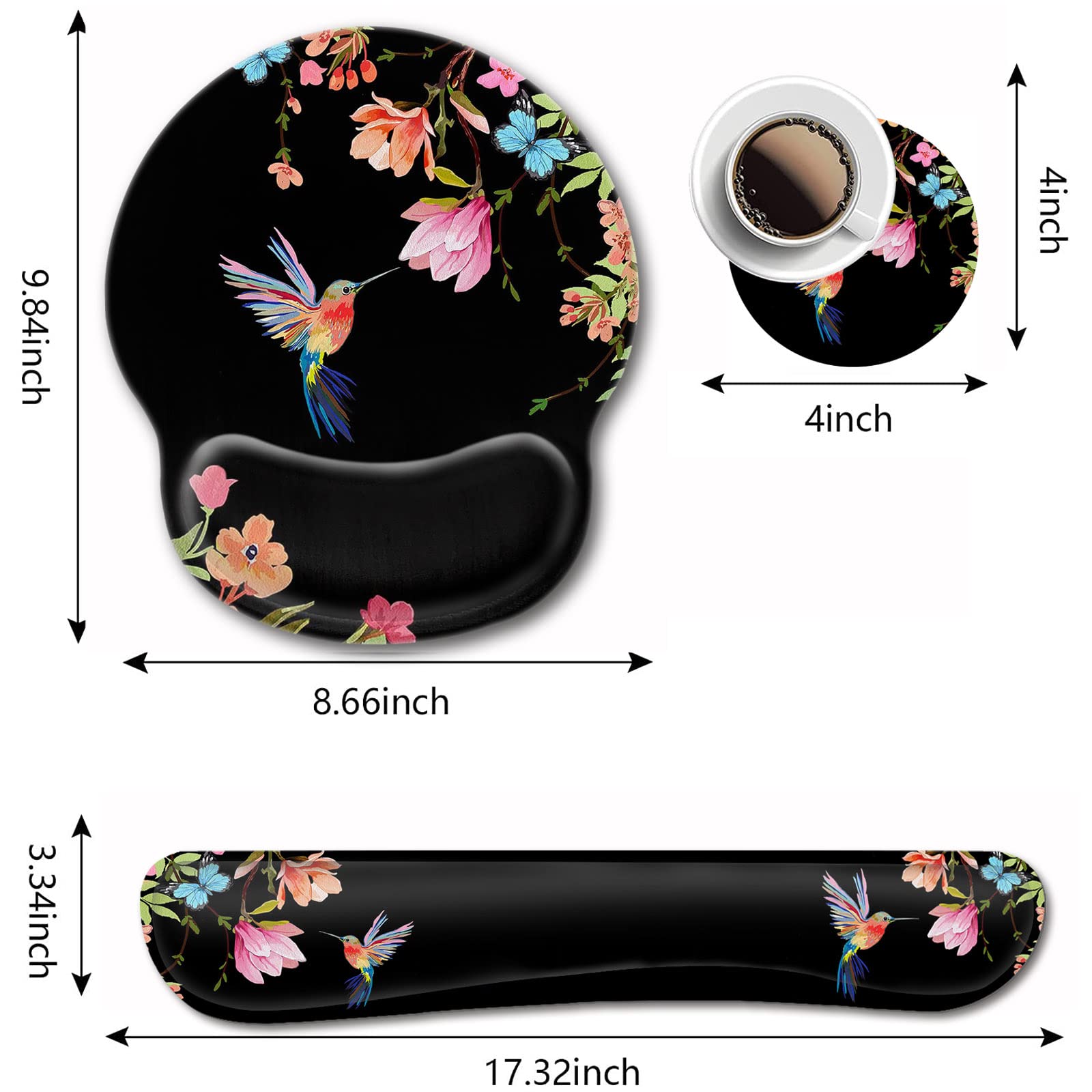 Ergonomic Mouse Pad with Gel Wrist Rest Support, Gaming Mouse Pad with Cloth,for Wireless Computer, Home, Office, Memory Foam Keyboard Wrist Rest Support, Hummingbird Watercolor Flower