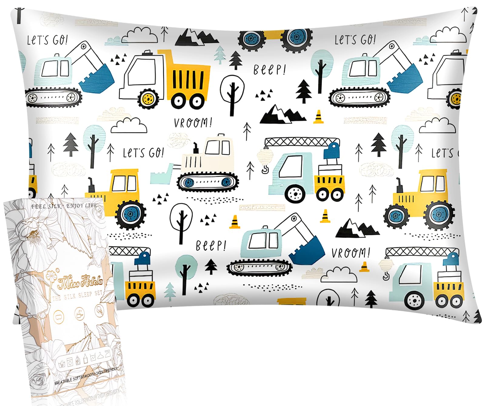 Miss Adola 1Pc Silk Pillowcase for Kids - 30"x20" Queen 19 Momme Mulberry Silk Pillow Case with Hidden Zipper for Hair and Skin, Cute Cartoon for Toddlers Teens Boys Girls, Colorful Cars