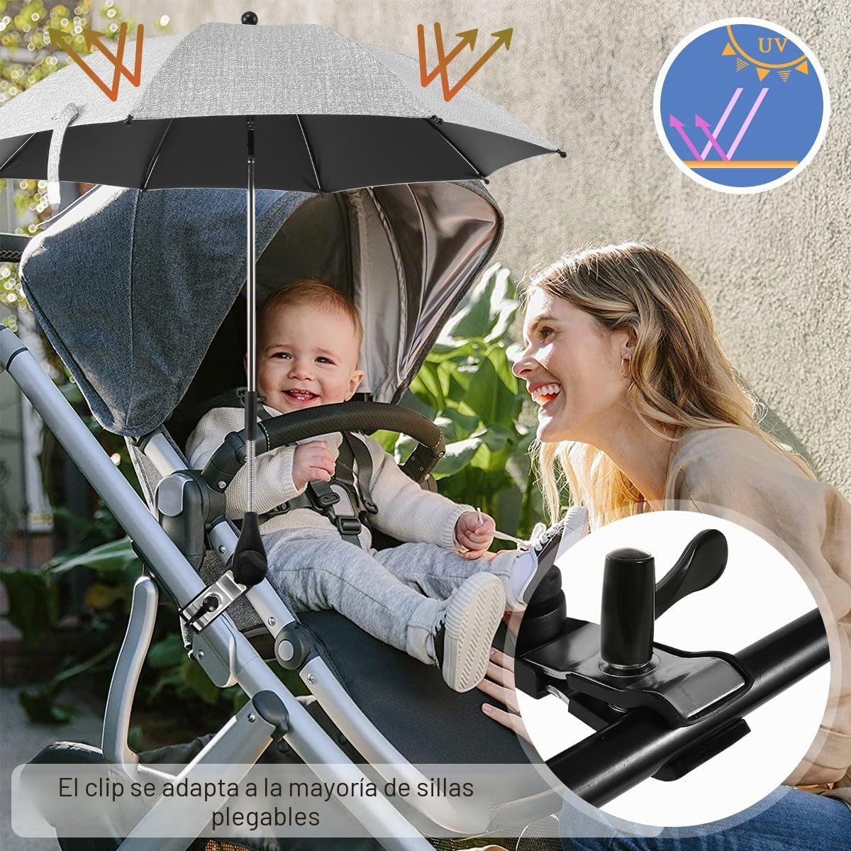 Sombrilla para cochecito de bebé con protección UV de 360° para cochecito, sombrilla universal con abrazadera ajustable y brazo flexible para cochecito, cochecito y cochecito
