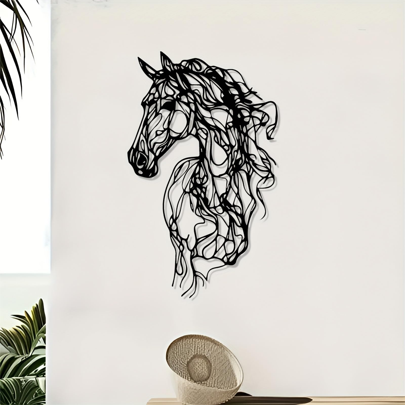 Decoración de pared abstracta contemporánea de metal con forma de caballo: escultura moderna de hierro con diseño, para interiores y exteriores, ideal para jardín, sala de estar, oficina o Navida
