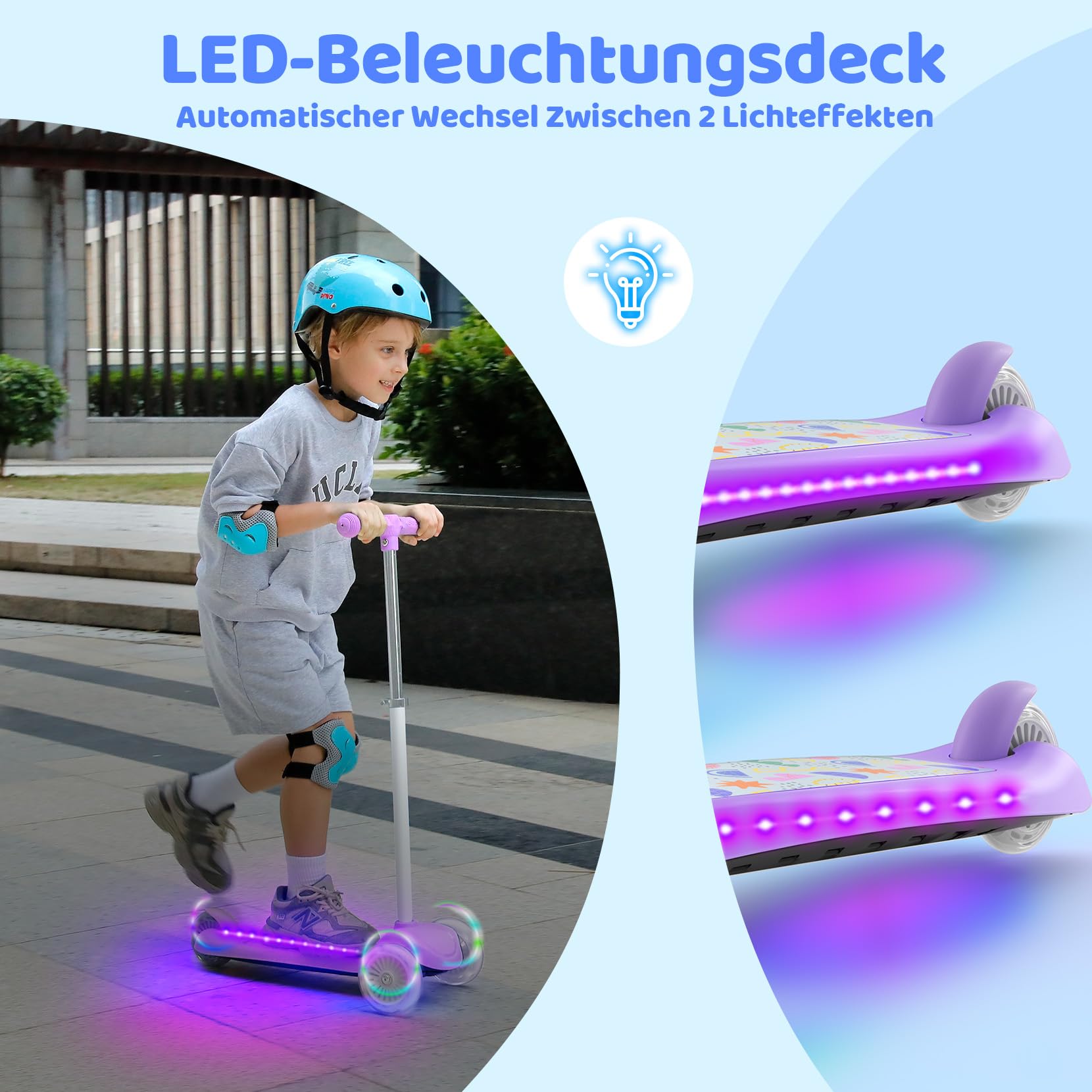 BremToy Roller Kinder 3 Jahre, Kinder Roller mit Leuchtendem Deck und PU-Beleuchtete-Rädern, 4-Stufig Höhenverstellbarer, Reaktionsschnelles Bremsen, leicht, Kinderroller für von 3–8 Jahren