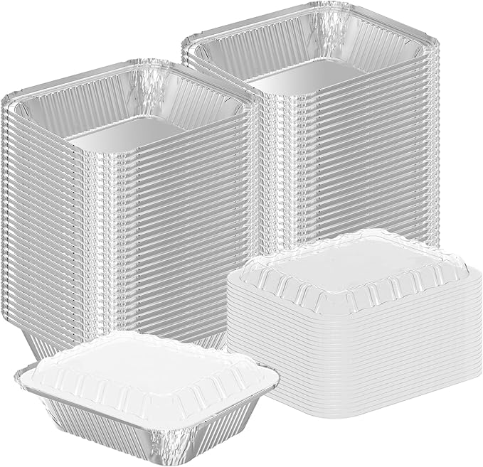 WANBAO 50 PACK 8.3"x6.2" Disposable Tin Foil Pans with Plastic Lids 2.25LB Aluminum Foil Food Containers for Cooking, Baking, Catering Party Meal Prep, Take Out, Freeze, Food Storage