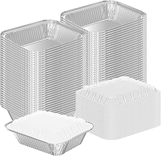 WANBAO 50 PACK 8.3"x6.2" Disposable Tin Foil Pans with Plastic Lids 2.25LB Aluminum Foil Food Containers for Cooking, Baking, Catering Party Meal Prep, Take Out, Freeze, Food Storage