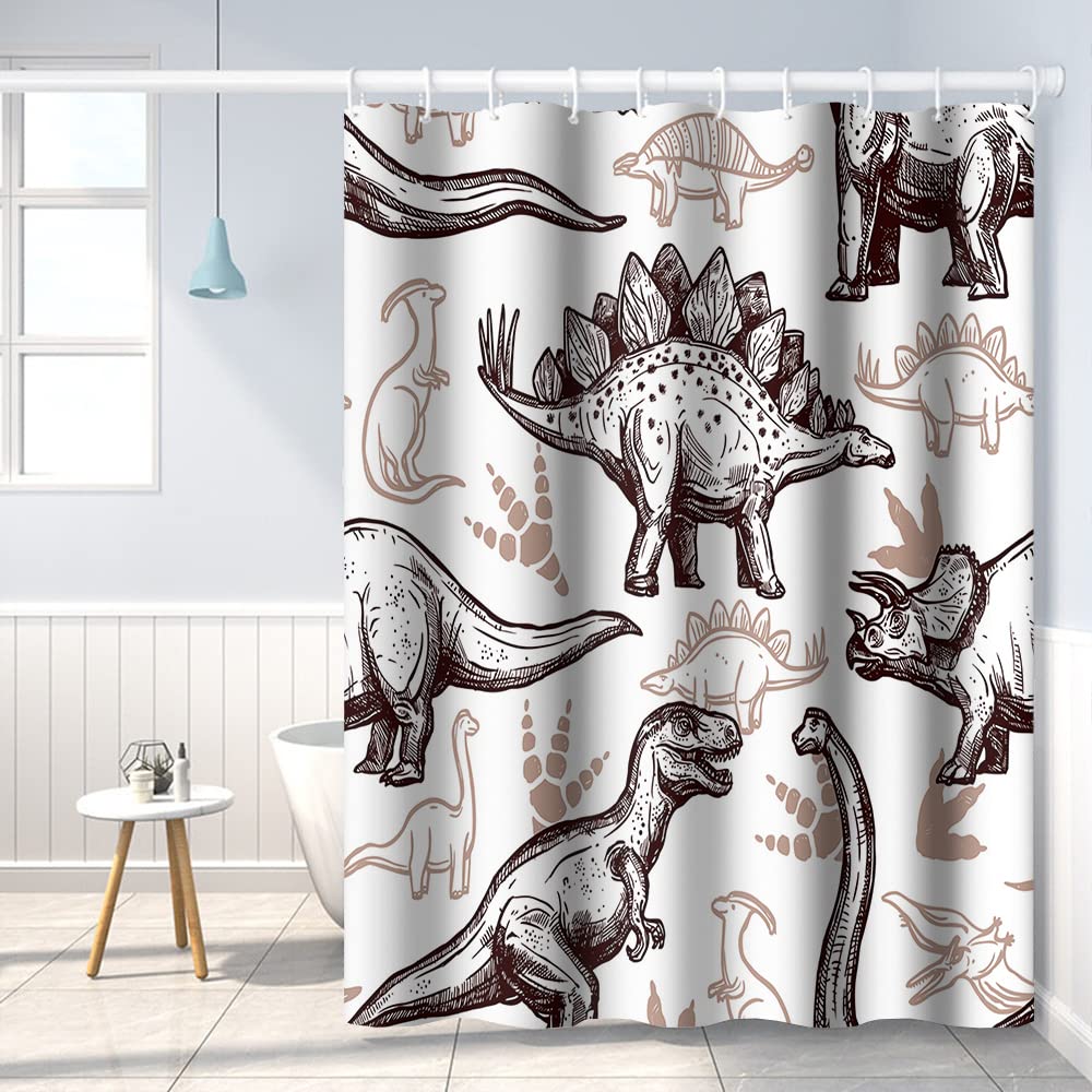Dinozaur Świat Łazienka Zasłona Prysznicowa Różne Dinozaury Szkic Wzór Tan z Haczykami Tkanina Poliester Dla Dzieci Chłopców Kąpiel Dekoracyjna, 180 x 198 cm, (180x198YTS00795-Q)