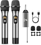 TONOR Dual Wireless Microphones, TW630, UHF Cordless Mic, 2 Handheld Metal Dyanmic Mic with Receiver, 200ft Range, Silver&Red