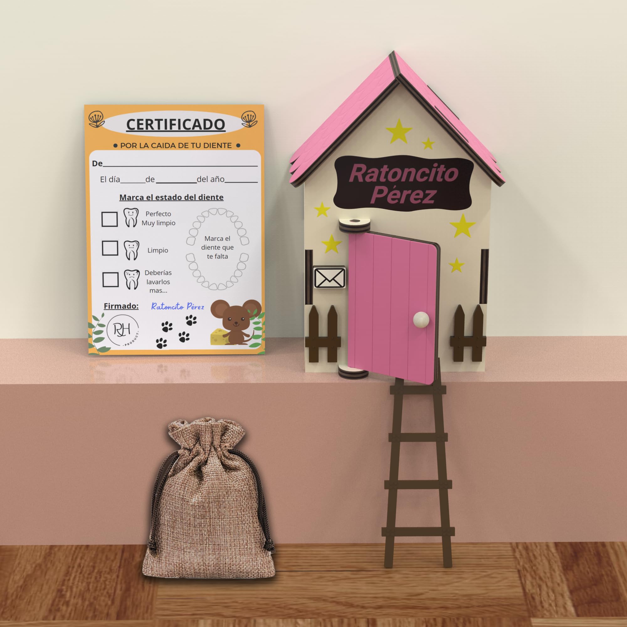 Puerta ratoncito perez - Casita ratoncito perez - Caja de dientes de leche para niños - Cajita dientes ratoncito perez - caja para dientes de leche - Casa ratoncito perez puerta magica - Madera - Rosa