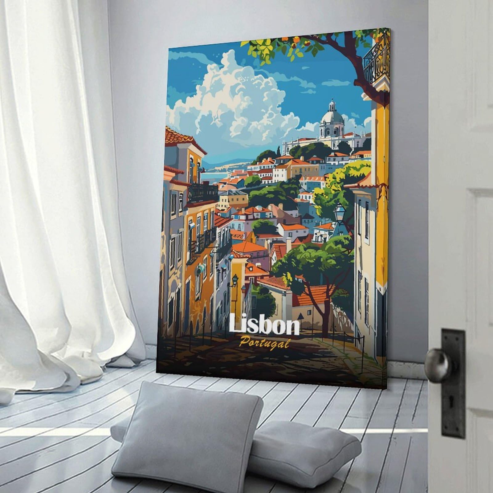 Junmoney Wall Picture Print Lisbon, Portugal Cityscape Illustration, 20x30inch(50x75cm), for Wall Displays, Bedrooms Or Room Updates, Wall Decor Suited to Curated Displays