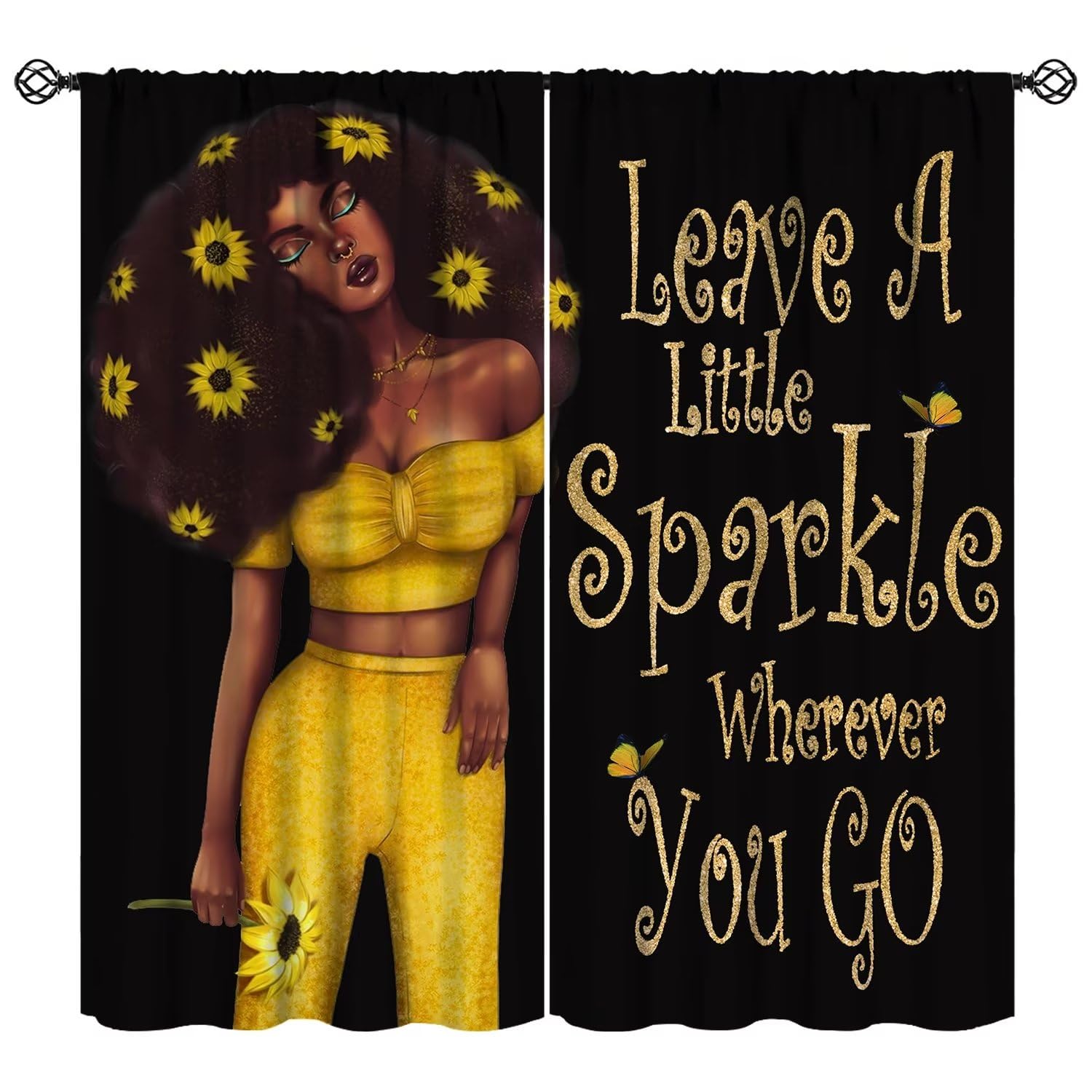 JESTRONRY Black Girl Curtains,Hippie Fashion Sunflower Girl Blackout Rod Pocket Window Drapes for Living Room Bedroom Kitchen Bathroom Home Decor 42x45in