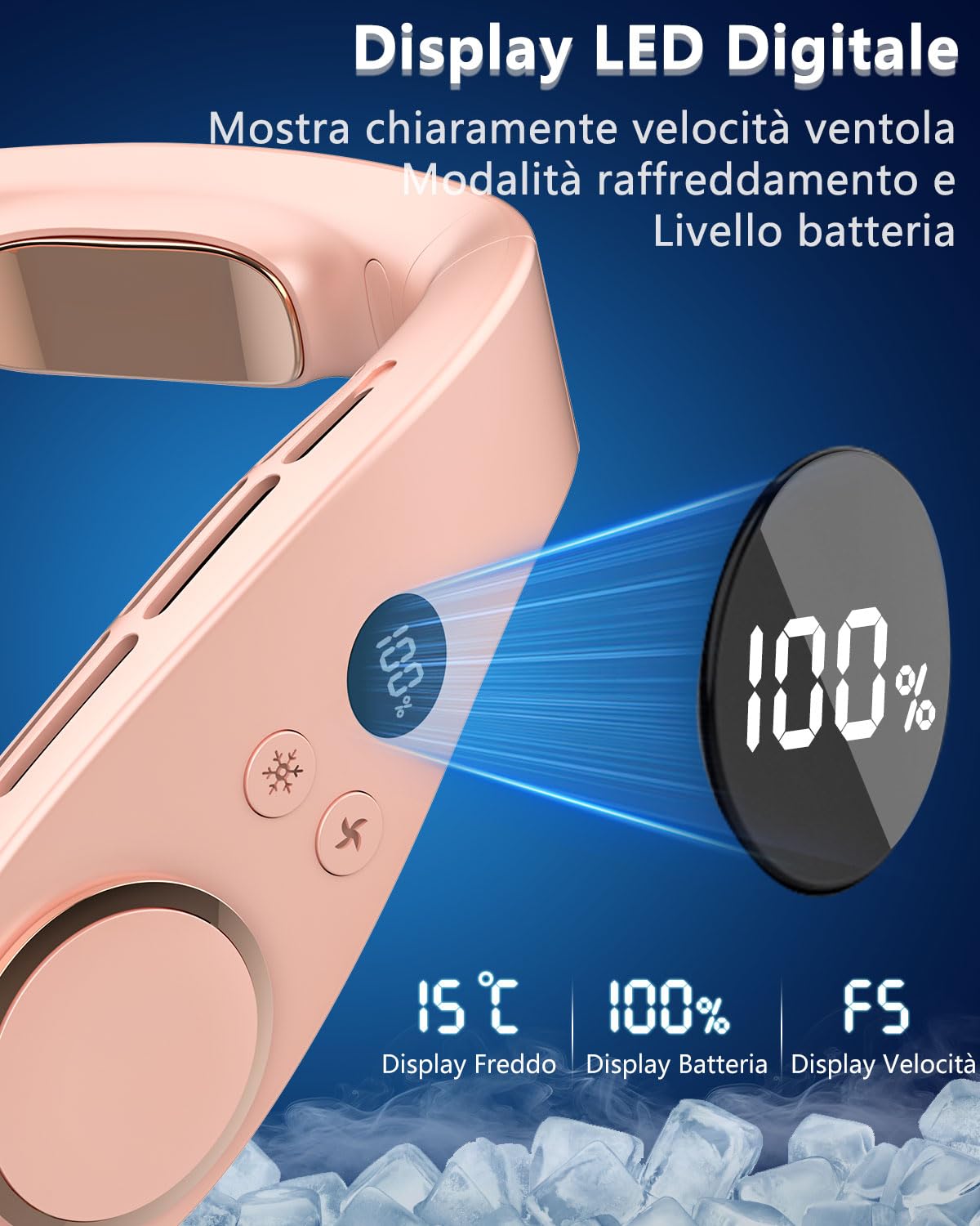 Ventilatore Portatile da Collo Silenzioso, Neck Cooler Ricaricabile con 3 Temperature a 15°C e 5 Velocità, Batteria 5500mAh Autonomia 24 Ore, Display LED, per Chi Soffre il Caldo e Sollievo Costante