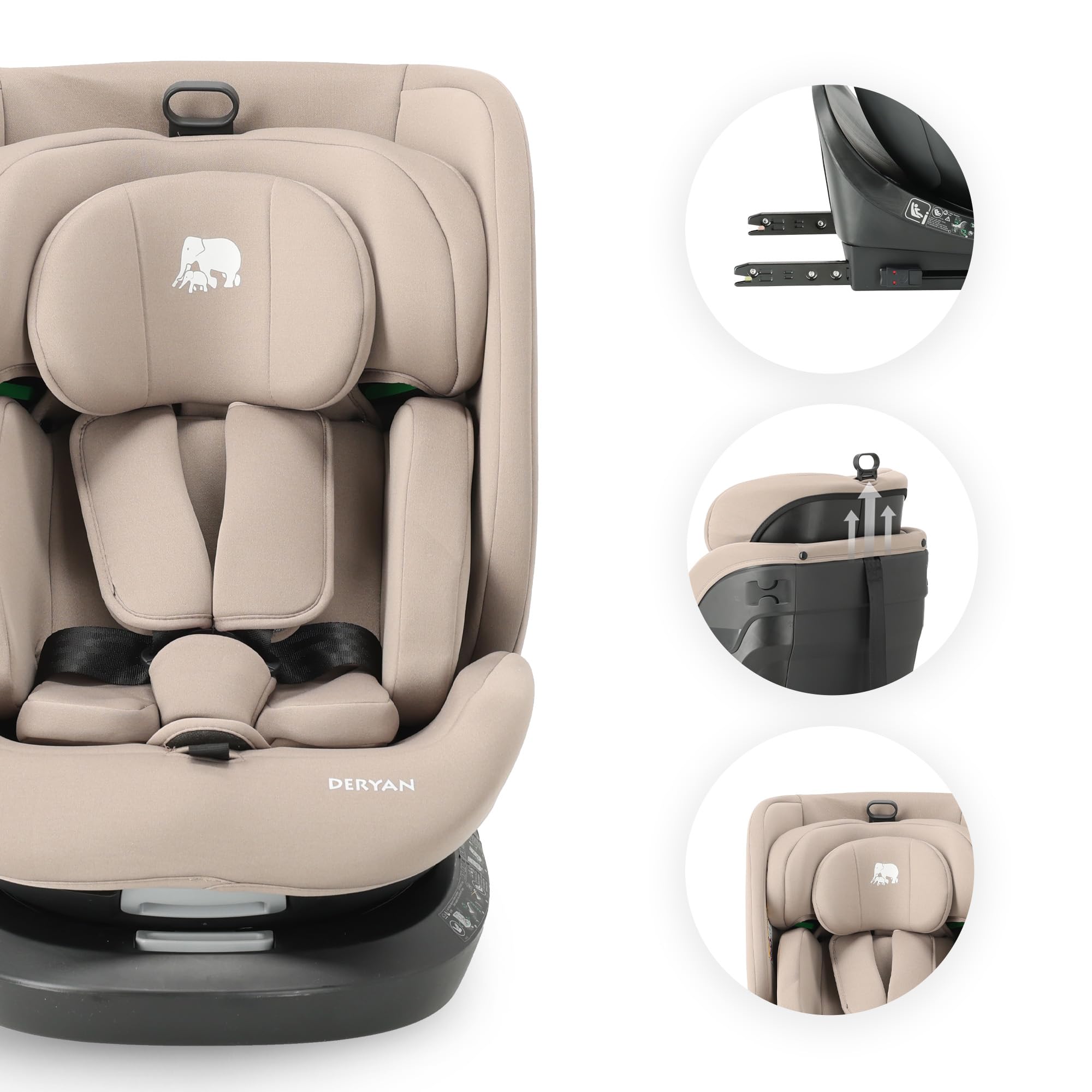 Deryan Cassie i-Size Rotazione 360, Seggiolino Auto 40-150 cm, 0-12 anni (0-36 kg), ISOFIX con Top Tether, Seggiolino Reclinabile 6 Posizioni, 10 Posizioni Poggiatesta, Tessuti Traspiranti (Torrone)