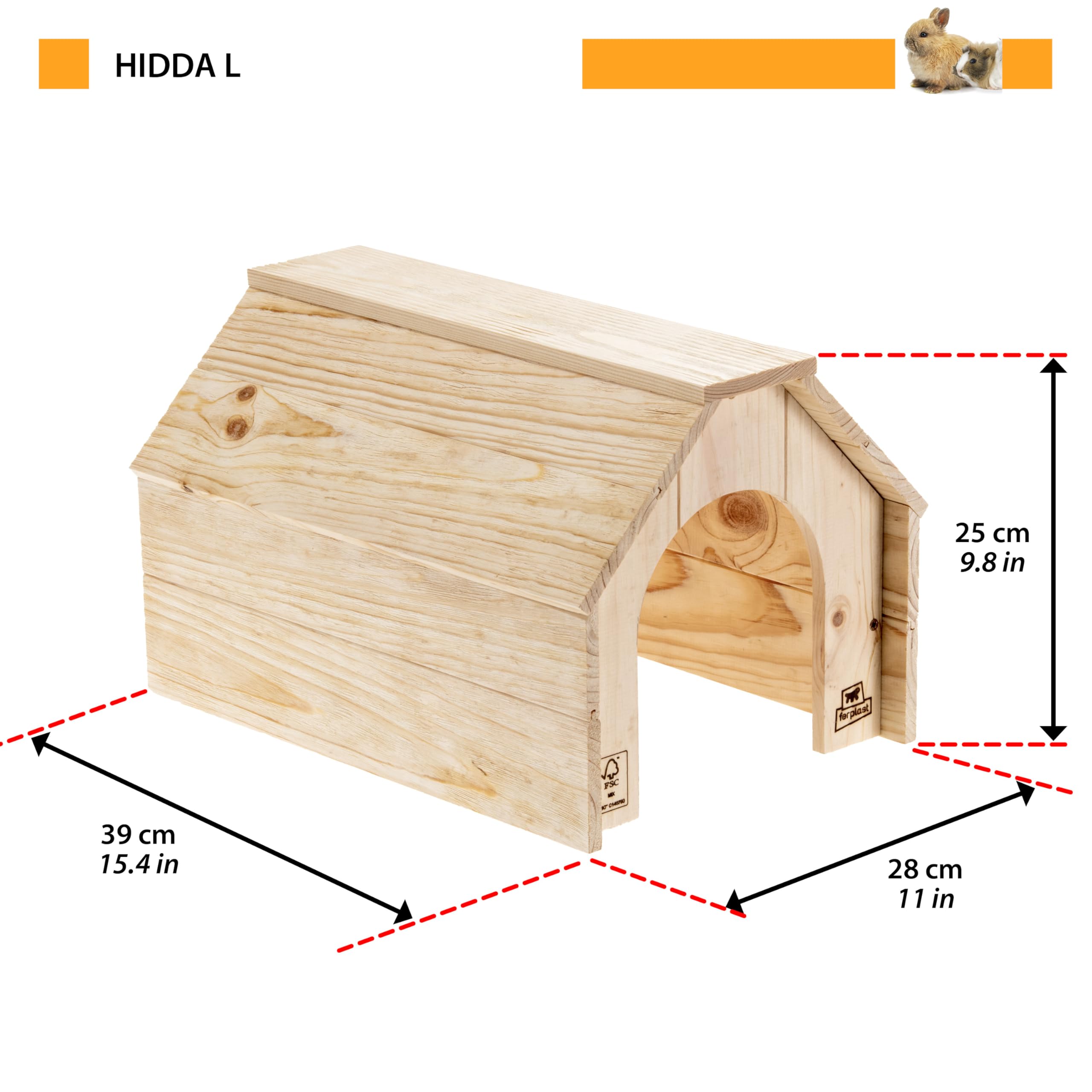 Ferplast Holzhaus für Kaninchen, Meerschweinchen & Hamster HIDDA, Kleintierhaus aus FSC®-zertifiziertem Holz, Gebürstete Optik, Schnellmontage-Set, 39 x 28 x H 25 cm, Größe L