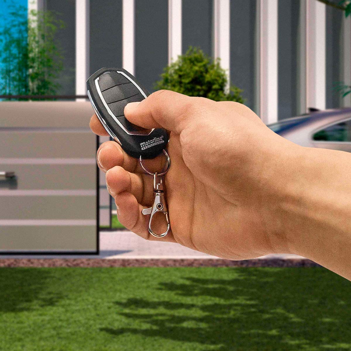 Motorline Falk Garagenfernbedienung, 4 Tasten oder Kanäle, Frequenz 433 MHz, Reichweite 100 m, im offenen Feld, Schwarz und Silber