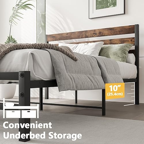 Miniatura 20 de Cama de plataforma de metal de tamaño individual con cabecera de madera, no necesita somier, fácil montaje, grano de madera negro Grano de madera