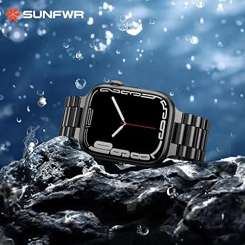 SUNFWR Compatible with Apple Watch Band 45mm 44mm 42mm for Men Women, Stainless Steel Metal iWatch Band with Case + Top Grain Genuine Leather Band for Apple Watch Series 9/8/7/6/5/4/3/2/1/SE/SE2