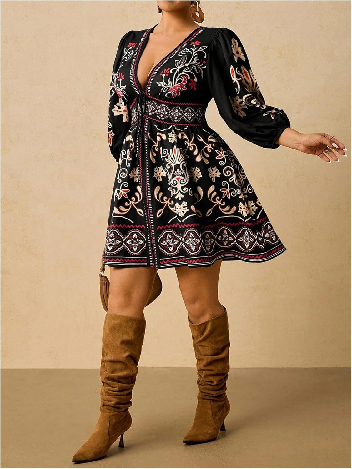 WDIRARA Women's Plus Size Boho Print Deep V Neck Ruffle Mini Dress Tie Front Puff Sleeve Dresses - Image 3