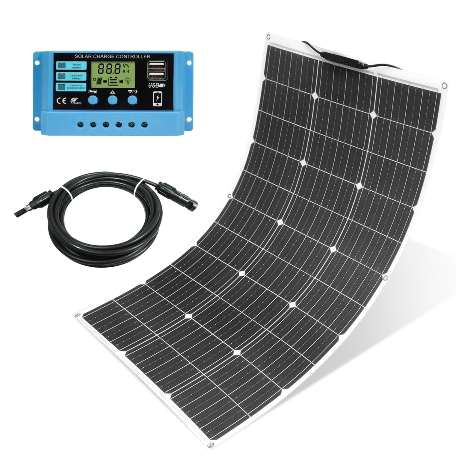 Panel Solar Flexible De 100W, Monocristalino De 18V Con Controlador Solar De 30A, Impermeabilización IP67 Y Módulos Solares De Alta Eficiencia Para Techos, Vehículos Recreativos Y Más