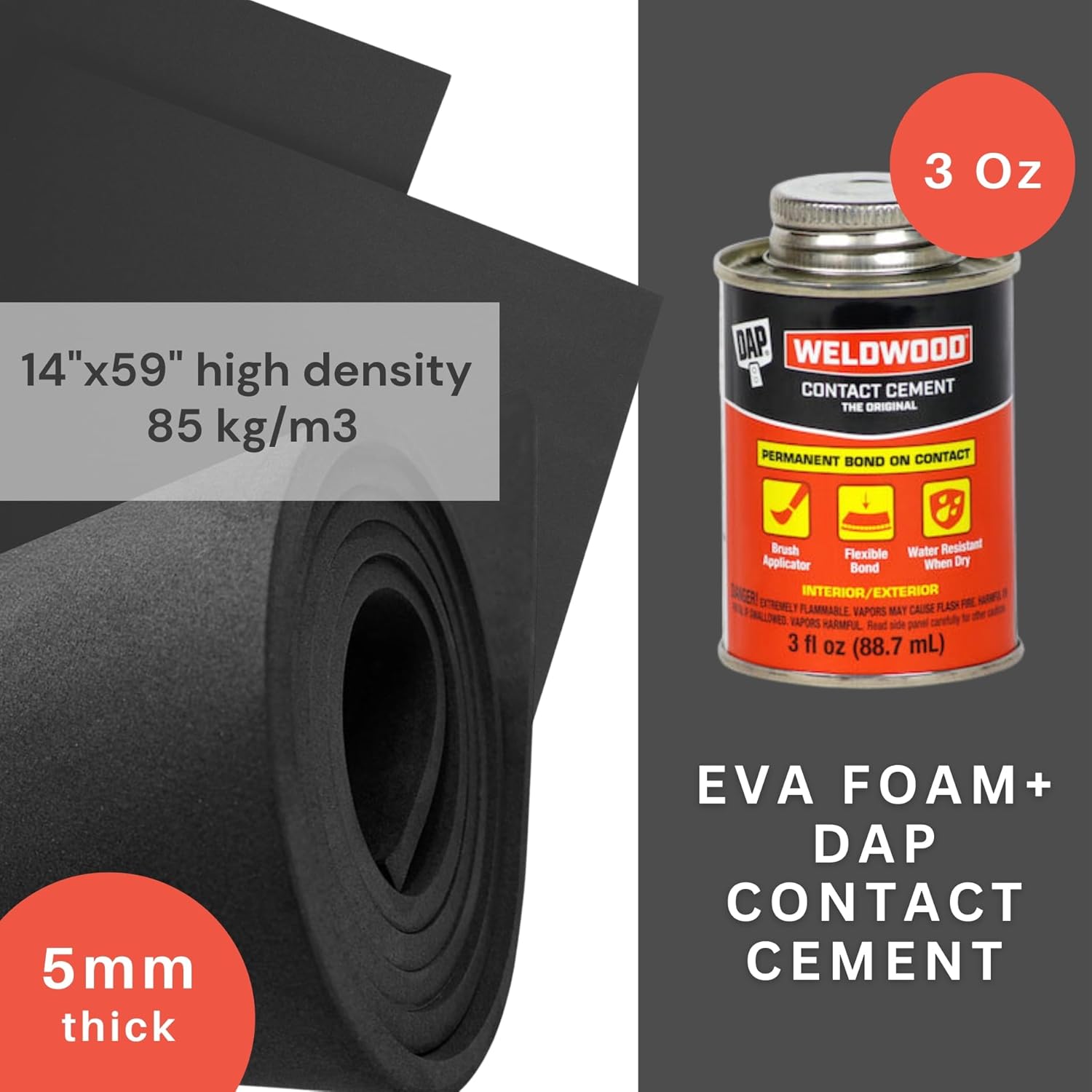 Moldable Cosplay Foam Clay EVA Foam Roll and Contact Cement Adhesive - DAP Weldwood Cement Glue (3oz) with Pixiss EVA Foam Roll 5mm x 35cm x 150cm