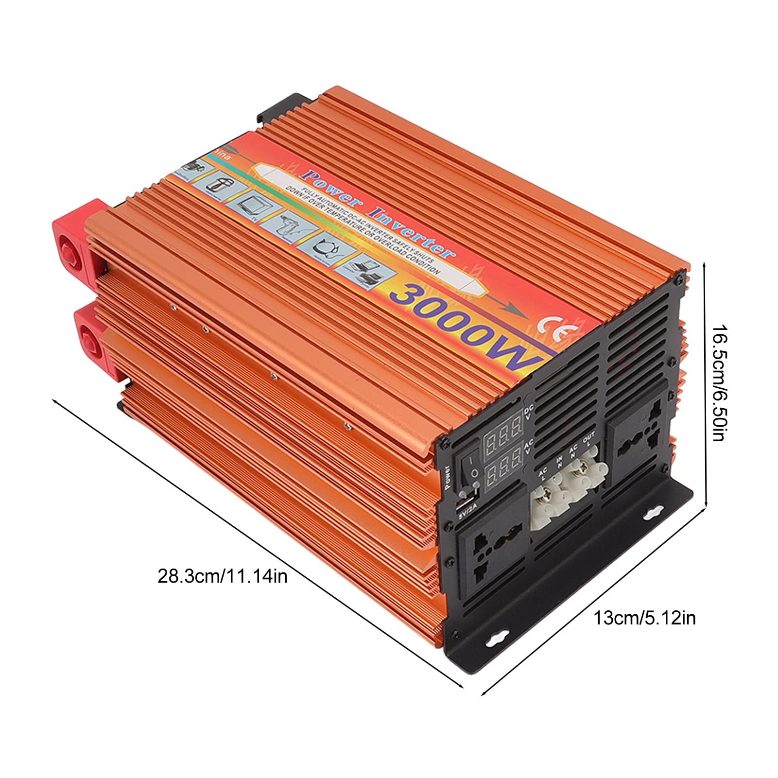 Hyuduo Falownik o Mocy 3000 W, Przenośny Konwerter Prądu Stałego 12 V na Prąd Przemienny 220 V ze Stopu Aluminium, Funkcja UPS, Obudowa Odporna na Ciepło, do Użytku W Samochodzie z energią słoneczną