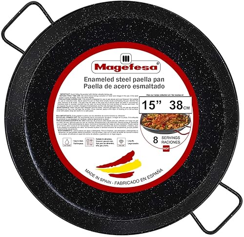 Miniatura 9 de MAGEFESA Esmaltado - paella de 18 pulgadas - 18.1 in y 12 porciones, fabricada en Acero Esmaltado, con hoyuelos para mayor resistencia y ligereza,