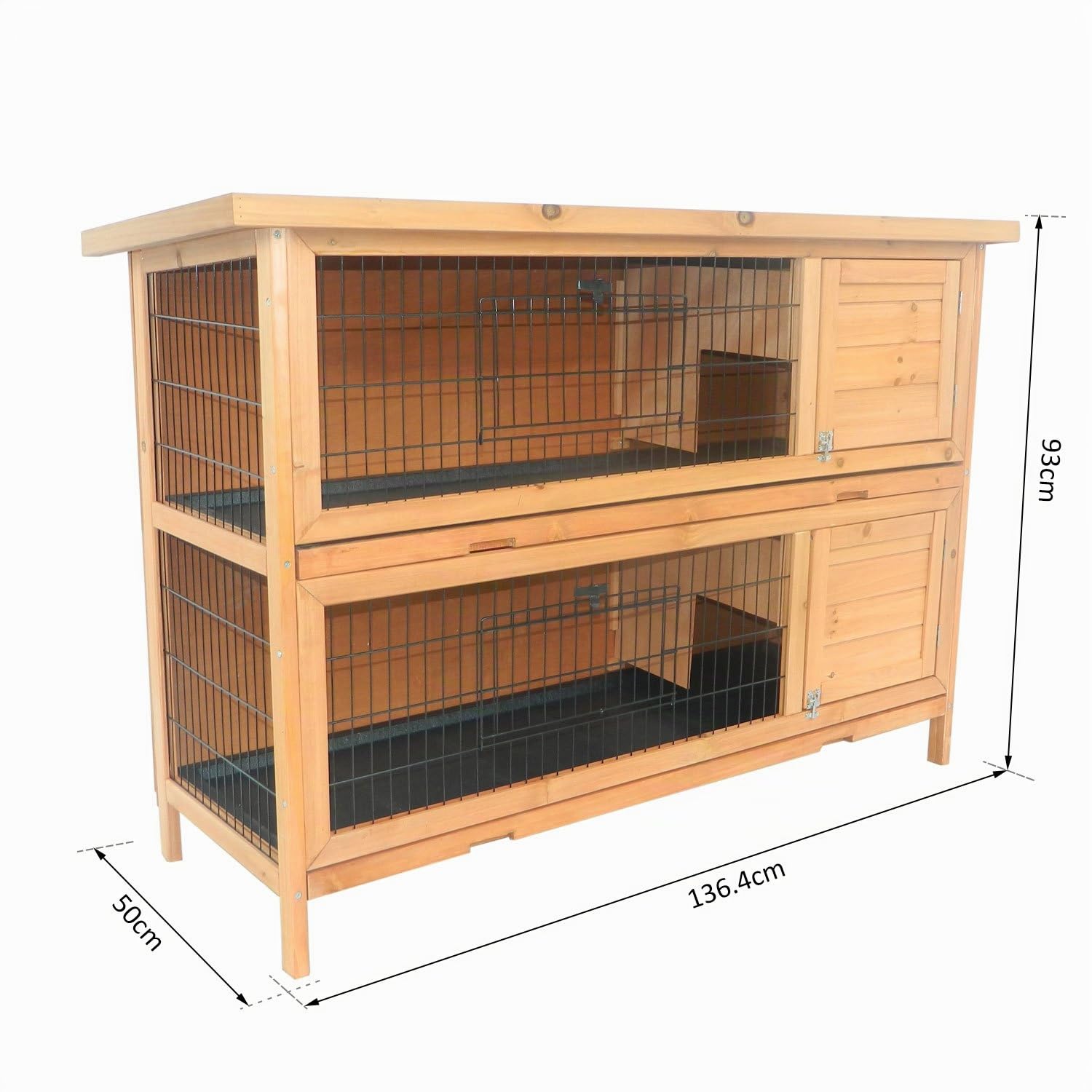 PawHut Conejera Madera de Exterior Jaula para Conejo 2 Niveles Bandeja Extraíble Estructura de Malla Metálica Puertas con Pestillos Resistente al Agua 136.4x50x93 cm