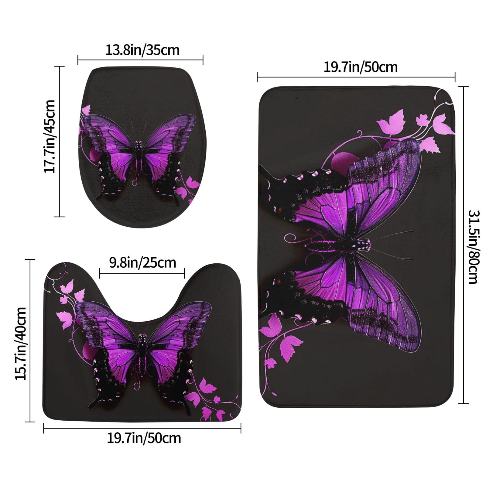 Lot de 3 tapis de bain antidérapants et absorbants en flanelle avec motif papillon violet et noir