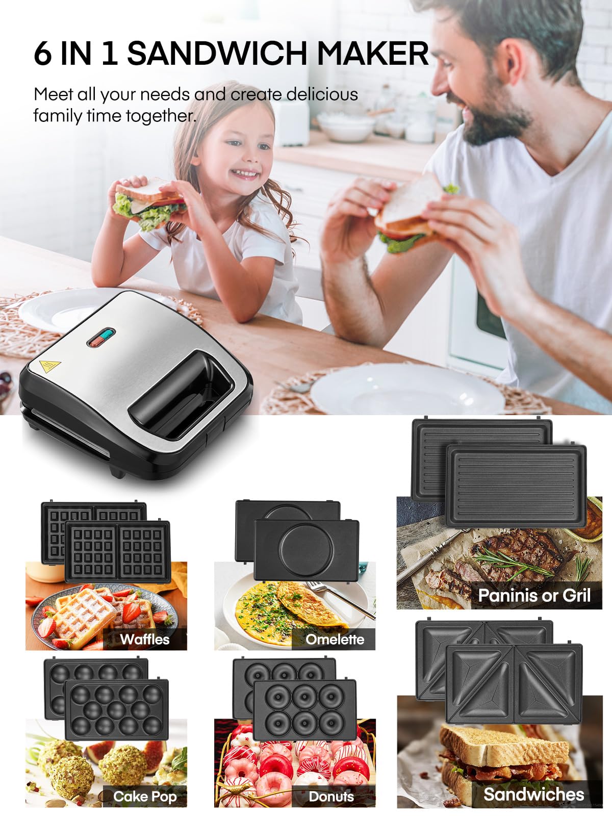 Gaufrier 6 en 1, Appareil Croque Monsieur, 750W Multifonctions Machine Électrique, 6 Plaques Antiadhésives et Détachables, Cuisson Double Face,Thermostat Automatique