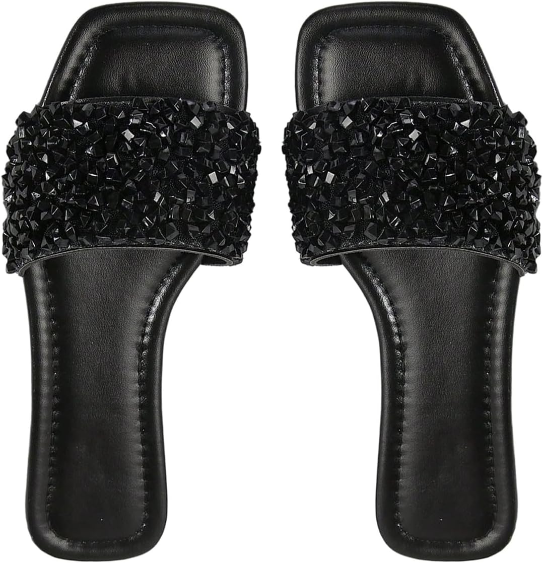 Verdusa Women's Boho Pearls Flat Sandals Beach Vacation Square Open Toe Slip on Slides