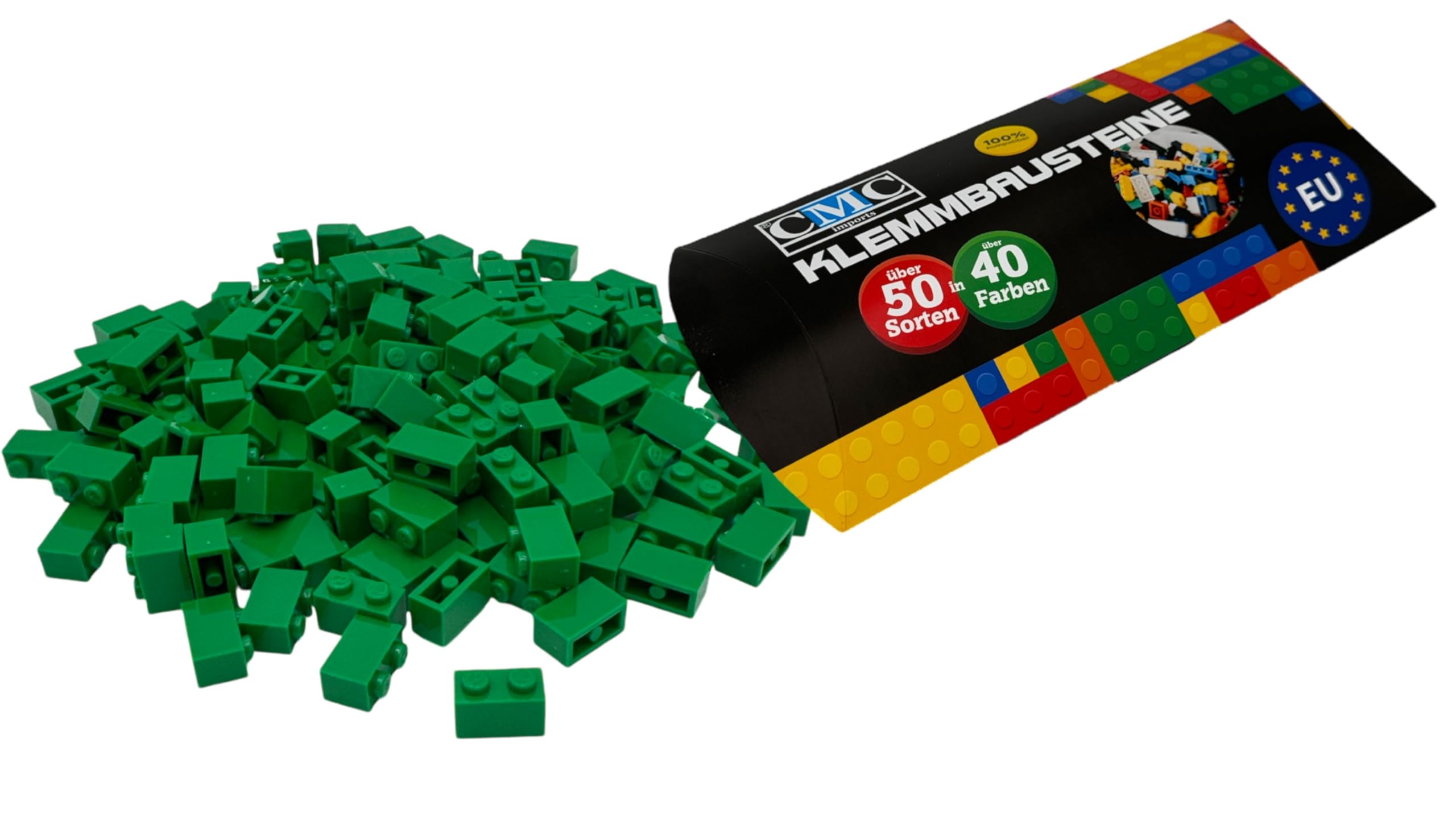 200 mattoncini da costruzione Briks, 1 x 2 gommini, compatibili a scelta, 35 colori (180 verdi)