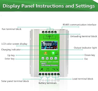 Wind Solar Hybrid Controller 12V/24V Auto Parameter Adjustable LCD Display Solar Panel Regulator with Booster Function and Dump Load, for Home, Boat, Street Light