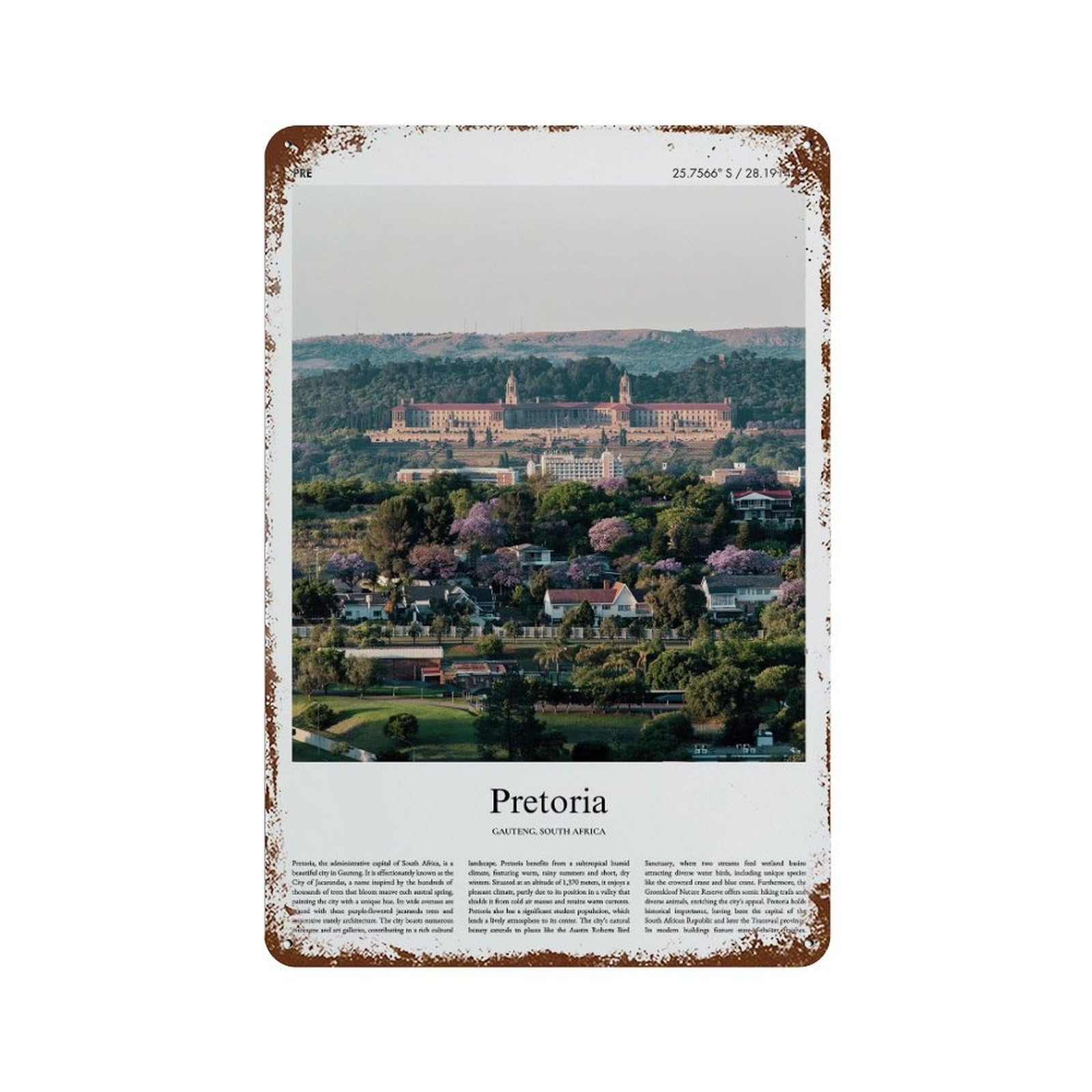 xiaoxiaoshen Pretoria Gauteng, South Africa City Scenery Wall Decor Art Metal Tin Poster Modern Home Decor Art Home Bar Shop Decorations Vintage Sign 30x20cm