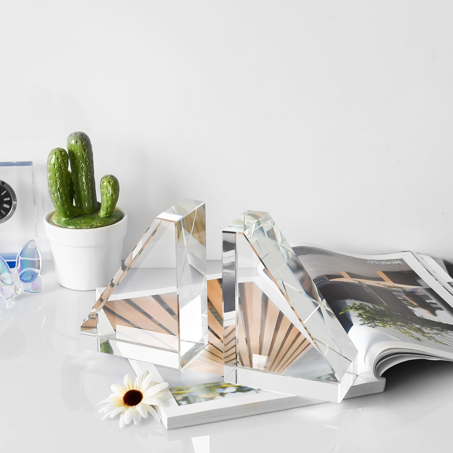 Decorative Bookends for Heavy Books, Set of 2, Modern Book Holders Stopper for Shelves, Bookshelf, Bookcase, Office Desk, Home Decor, Clear