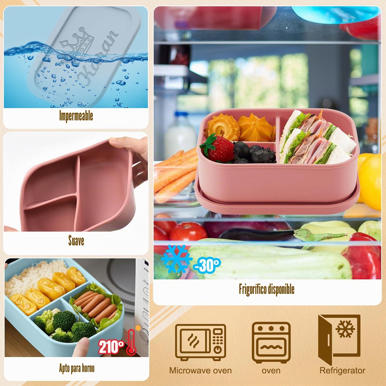 Fiambrera Bento Personalizado, Fiambreras de Silicona con Nombre, 20 patrón | Fiambrera Bento de Silicona de 3 Compartimentos Personalizada, Fiambrera de 800 ml, para Microondas Lavavajillas Antiderrames