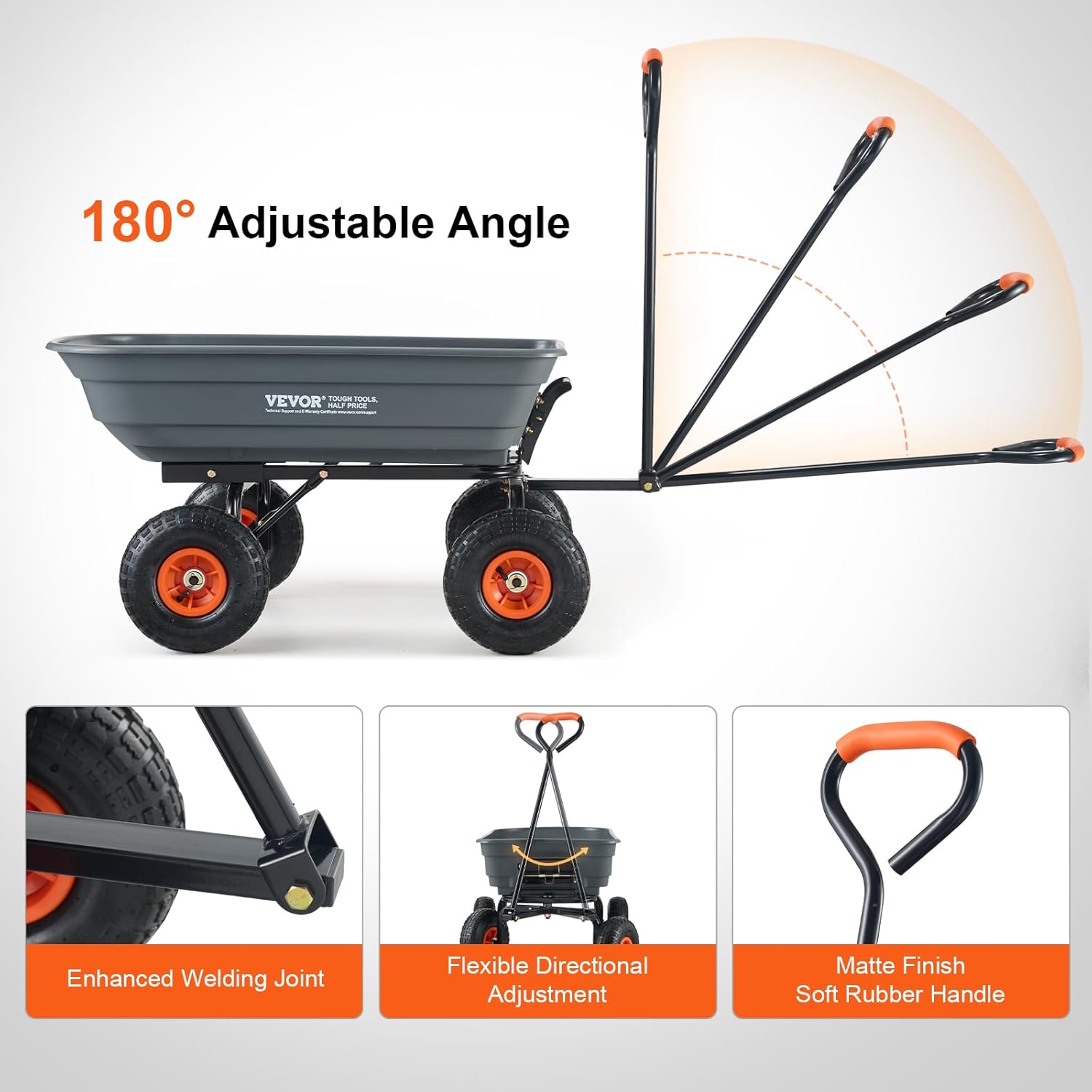 The VEVOR garden dump cart handle shown with a 180-degree adjustable angle for flexible directional adjustment and a soft rubber grip.