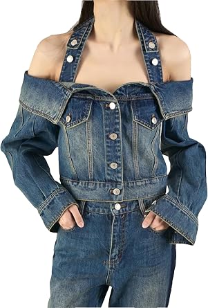Women Spring Summer Halter Off Shoulder Long Sleeve Single Breasted Hollow Out Denim Jacket