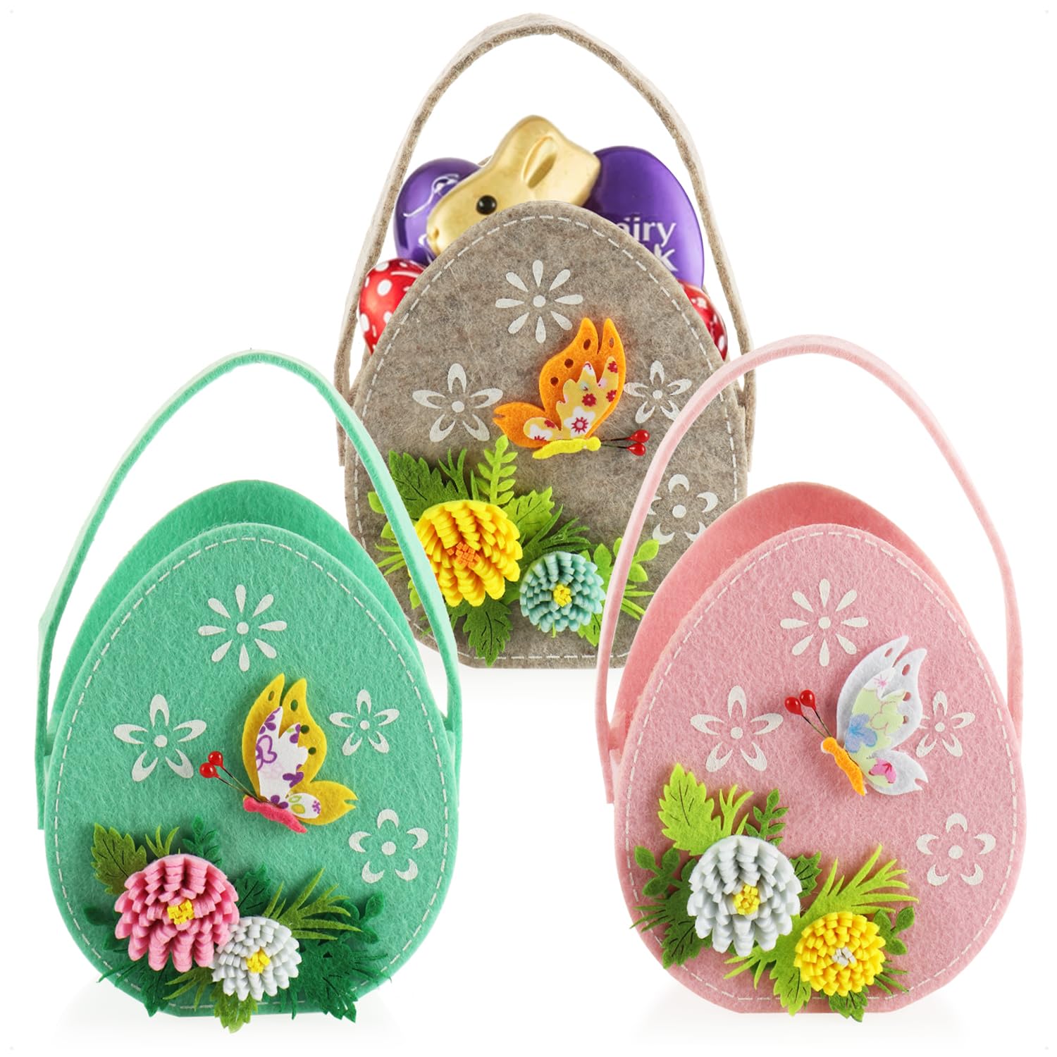 COM-FOUR® 3x Easter basket made of felt - basket to fill - felt bag Easter egg to give away - Easter nest - Easter decoration (3 pocket - 18x16cm)