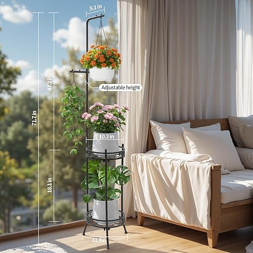 Miniatura 2 de CZWL&HG Soporte Colgante para Plantas Ajustable de 2 Niveles de 72" Estante de Metal - Estante Alto para Plantas de Interior/Exterior con Ganchos