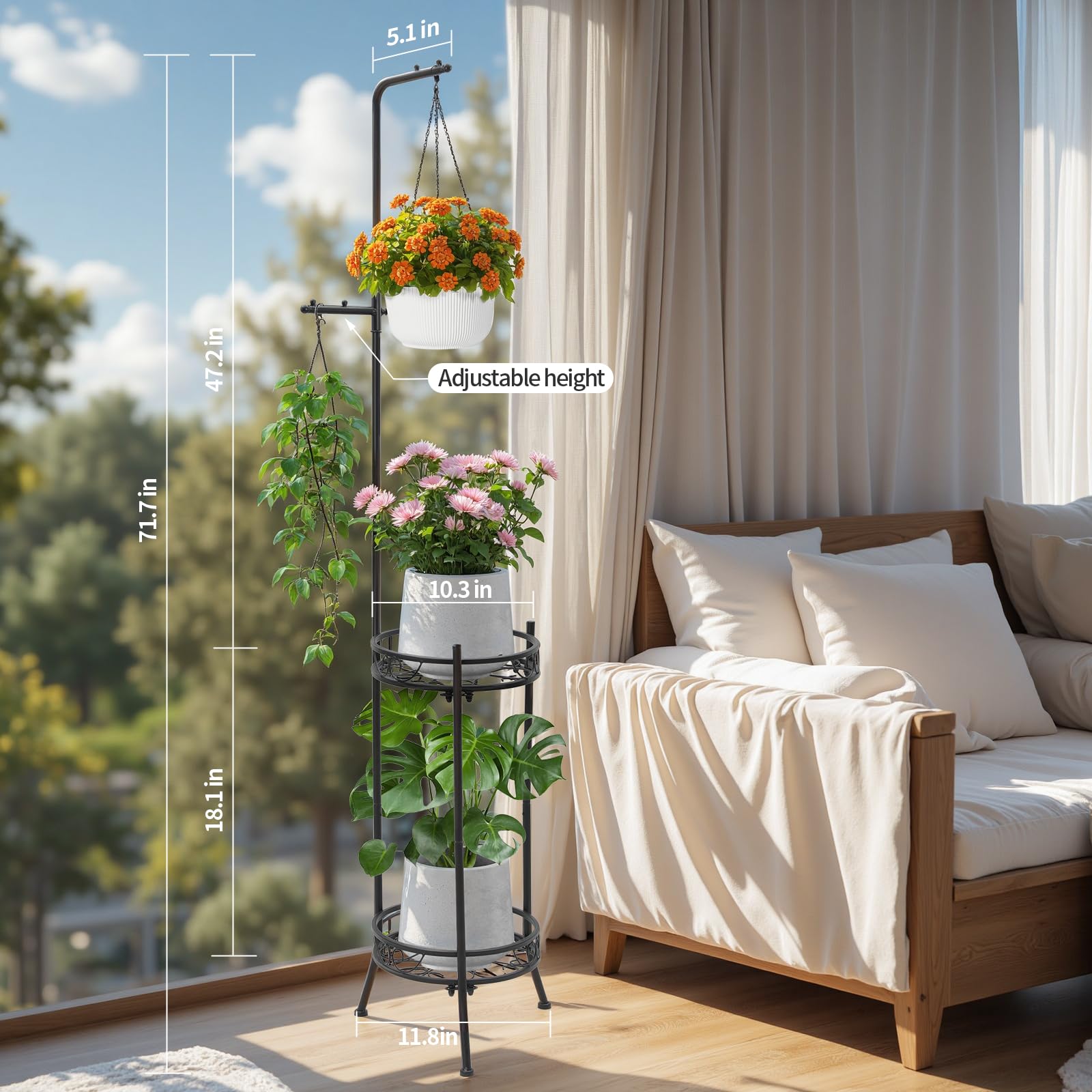CZWL&HG Hängender Pflanzenständer, verstellbar, 2 Ebenen, 183 cm, Metallregal, hohes Pflanzenregal für drinnen und draußen, mit Aufhängern für 4 Topfblumen, Eckregal für Wohnzimmer und Terrasse