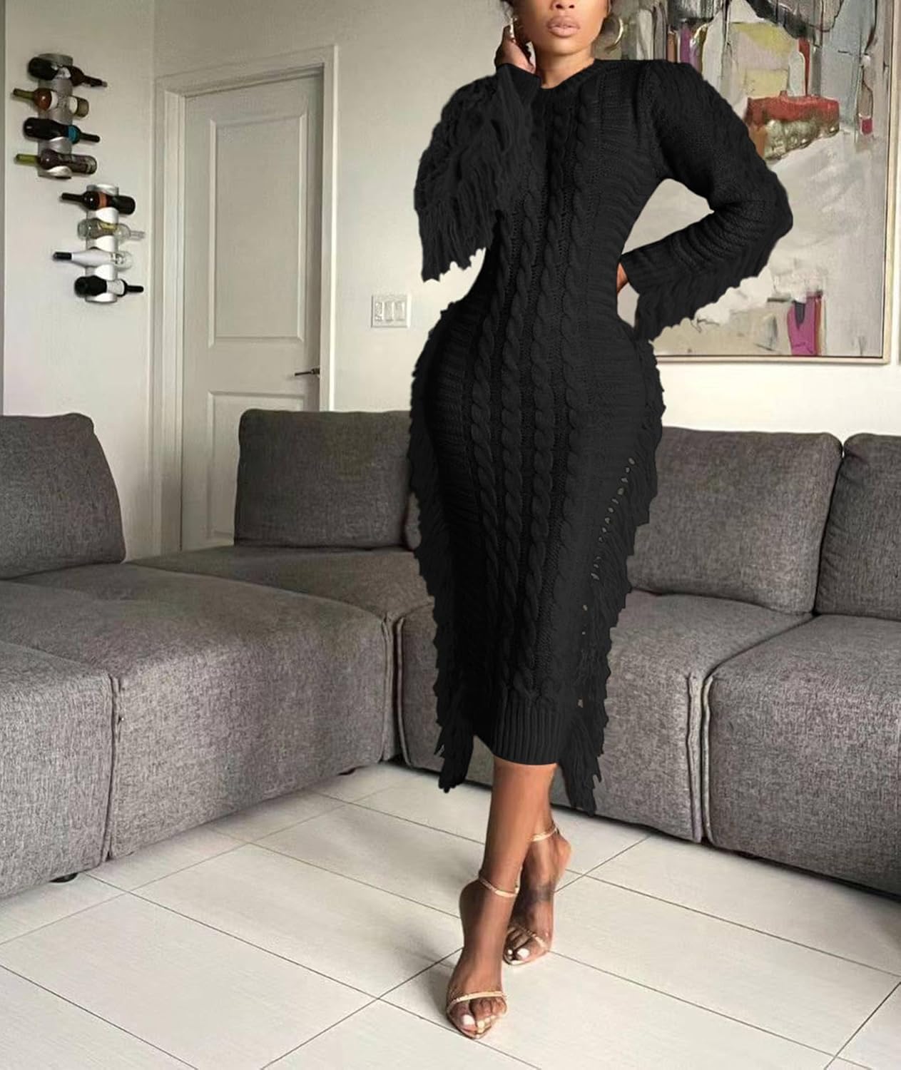 Sexyshine Women's Cable Knit Fringe Sweater Dress Long Sleeve Round Neck Tassel Trim A Line Midi Sweater Dresses - Image 4
