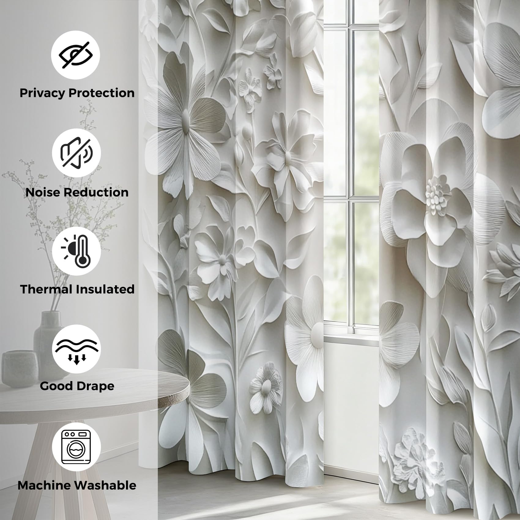 Generisch Vorhänge 3D Relief Blumen, Abstrakt Kunst Blumen Vorhang Blickdicht mit Ösen 2er Set, Verdunklungsvorhänge für Wohnzimmer Schlafzimmer Deko, Gardinen mit Muster 137 X 117 cm (H X B) B-D139