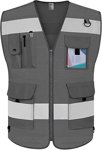 Miniatura 21 de TCCFCCT Chaleco de seguridad azul para hombres y mujeres, chaleco reflectante de alta visibilidad con 9 bolsillos para seguridad, chaleco de trabajo