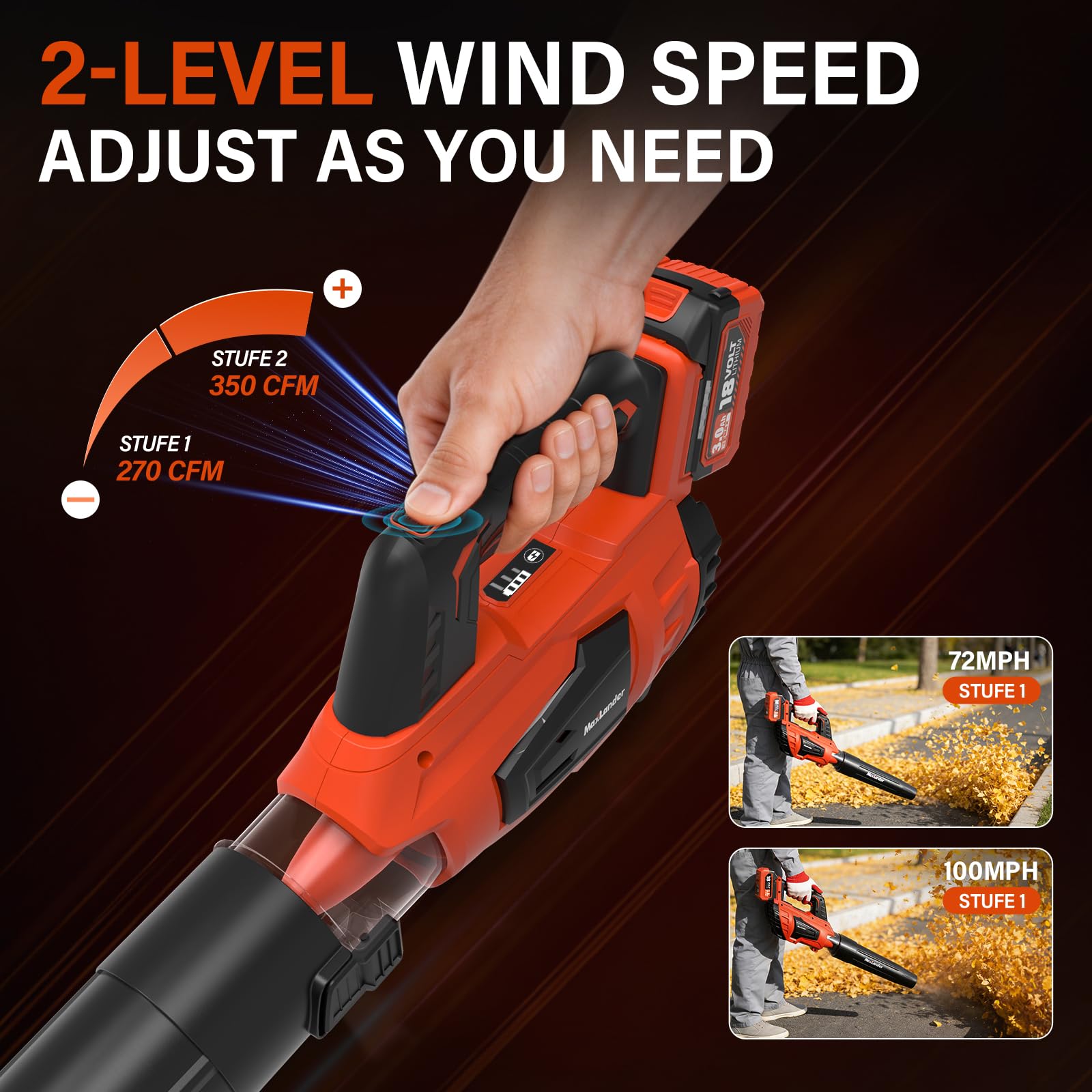 MAXLANDER Soplador de hojas, soplador de hojas eléctrico inalámbrico y aspiradora con 2 baterías de 3.0 Ah y cargador, 350 CFM y 100 MPH, y modo de 2 velocidades, para limpieza de patio, cuidado del