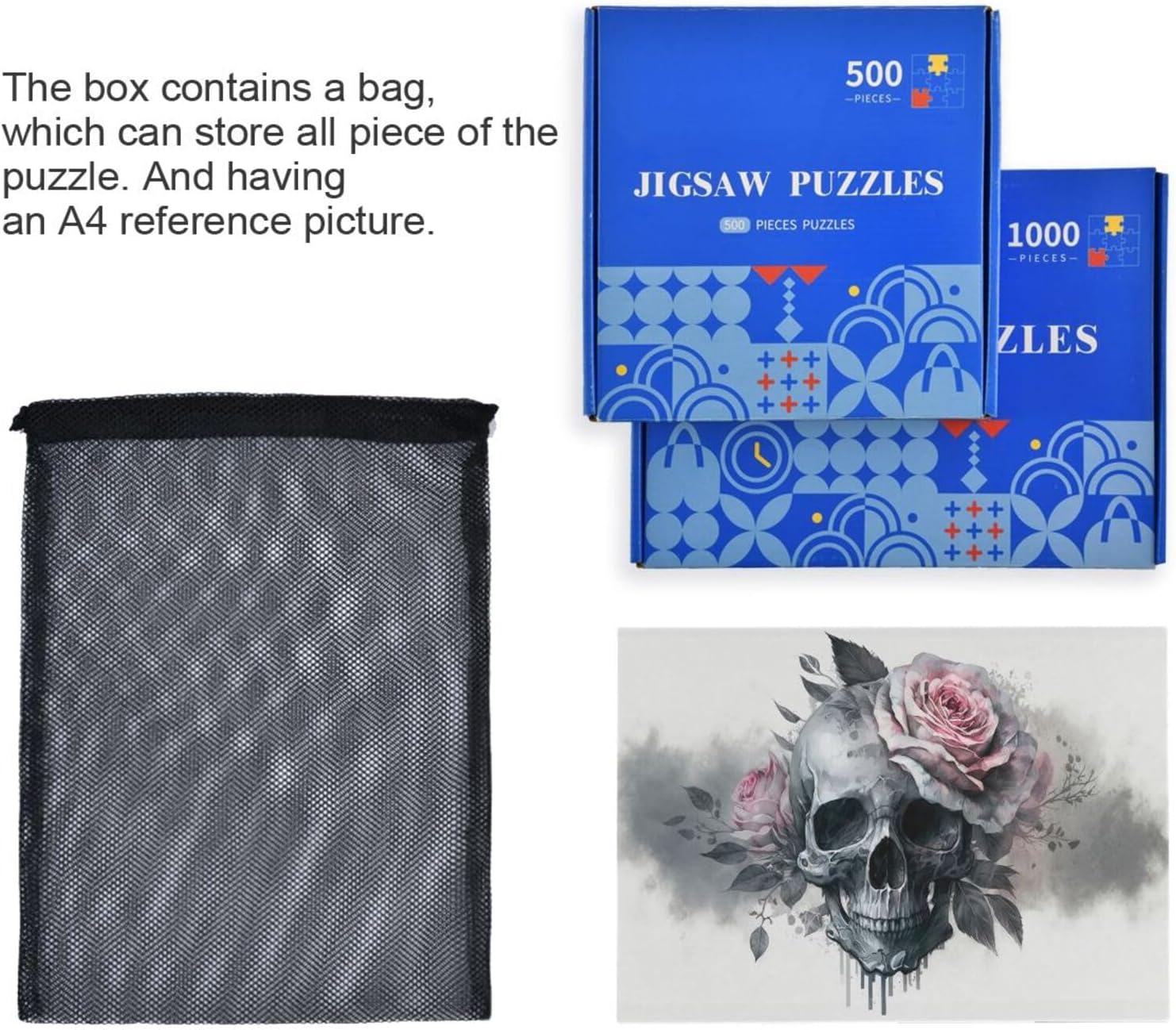 Skull with Pink Rose Jigsaw Puzzle, Paper Wood Composite Material Zigsaw with Storage Bag and Reference Picture Easy to Solve 500/1000 Pieces