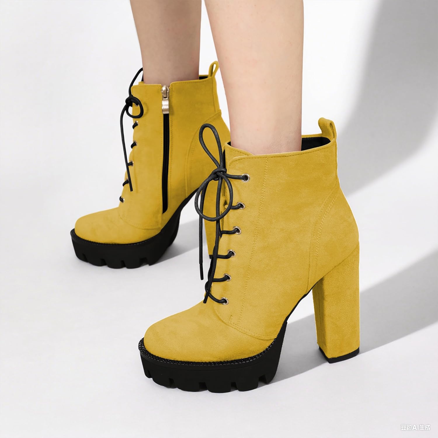 Mettesally Womens Platform Lace Up Ankle Boots Round Toe Chunky Block High Heels Side Zipper Short Boots Office Winter Shoes