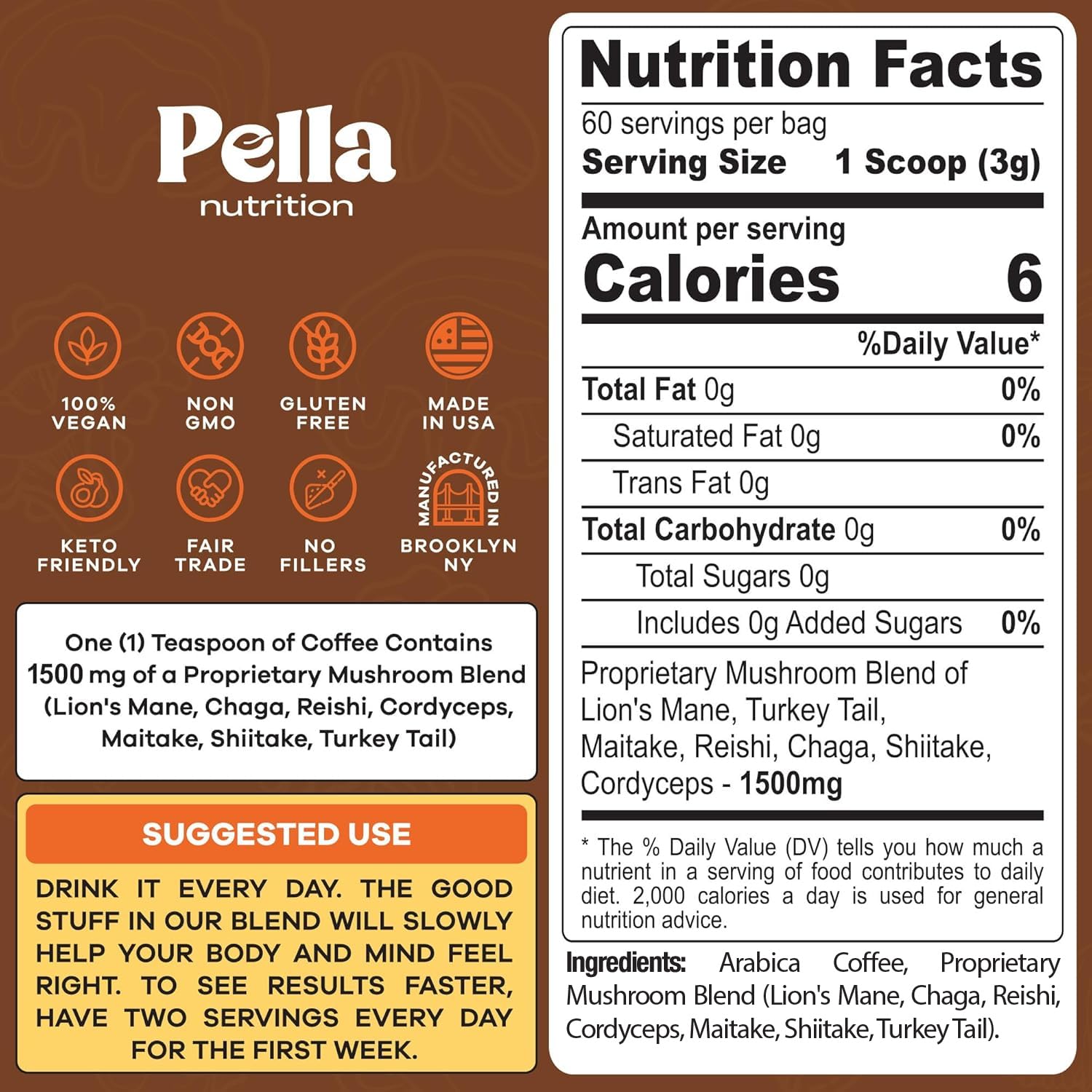 Low-Caffeine Mushroom Coffee (60 Servings) – Superfood Great Tasting Instant Coffee – Includes Lion's Mane, Reishi, Chaga, Cordyceps, Shiitake, Maitake, and Turkey Tail Mushroom Supplement
